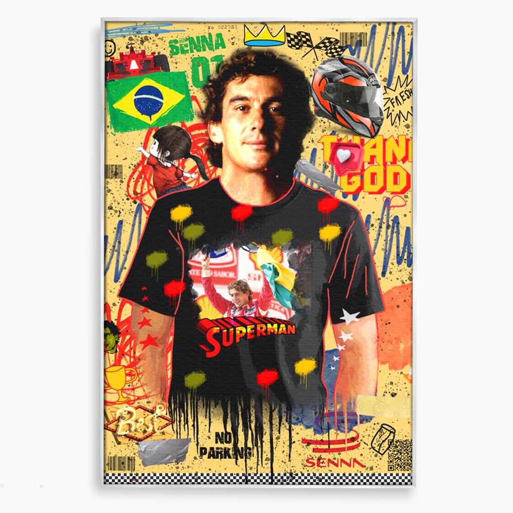 Tablou canvas cu tablou canvas cu ayrton senna, in rama de aluminiu argintiu
